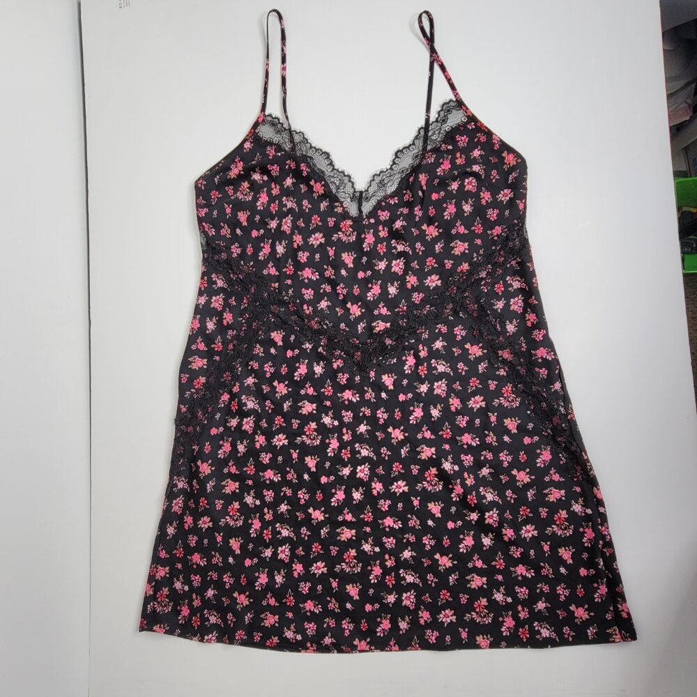 Victorias Secret Women Large Black Pink Floral Lace Slip Gown Dress‎ Nightie